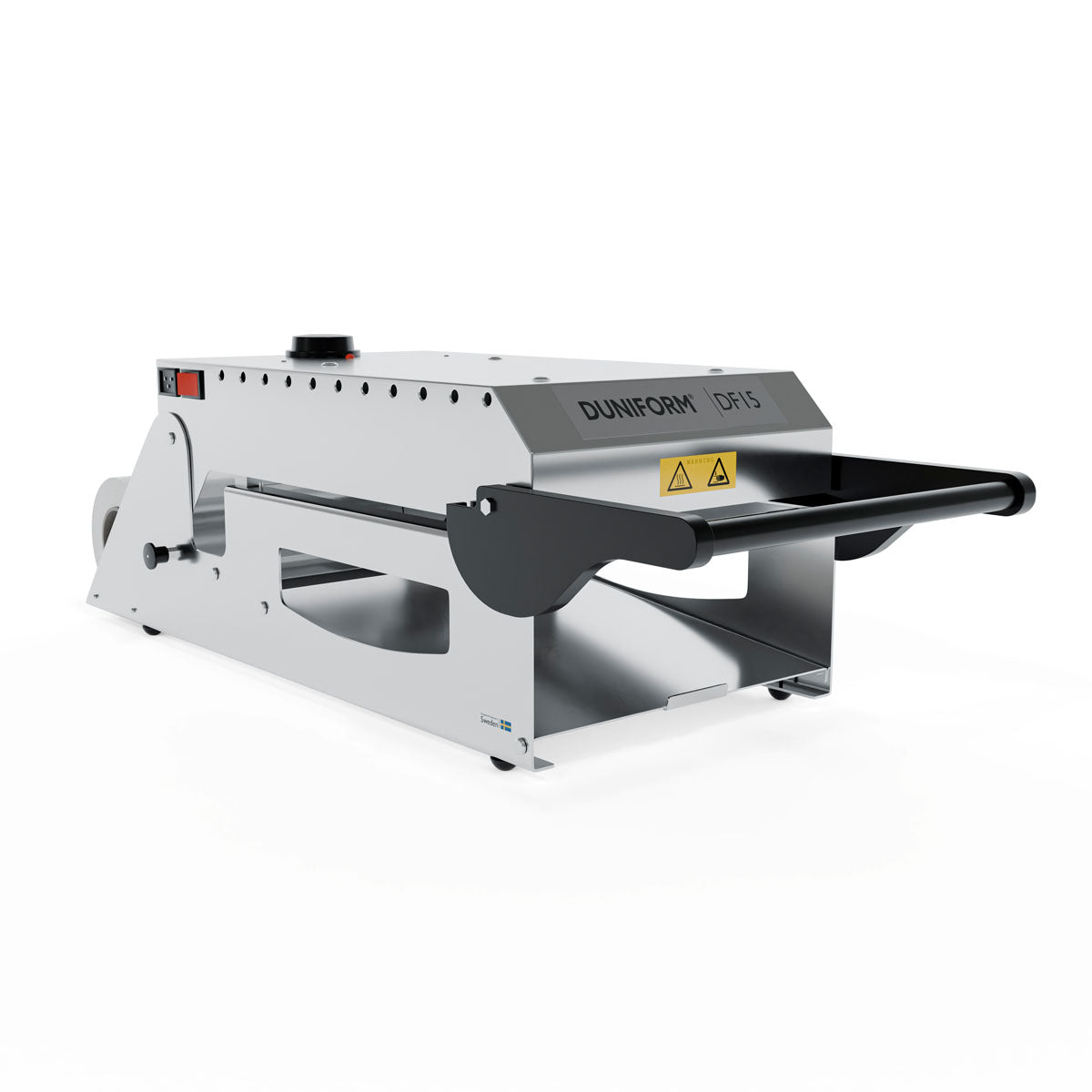 La sigillatrice Duni GmbH DF15 - manuale incl. 1 cassetta (DF15/DF25) ha un manico nero, adesivi di avvertimento di sicurezza e pulsanti di controllo sulla parte superiore e laterale. È raffigurata su uno sfondo bianco semplice.