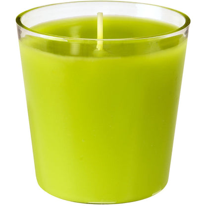 La ricarica Switch & Shine di Duni GmbH, una candela ricaricabile verde (circa 30 ore, 65x65 mm) in un portacandele di vetro trasparente con uno stoppino, viene presentata su un semplice sfondo bianco.