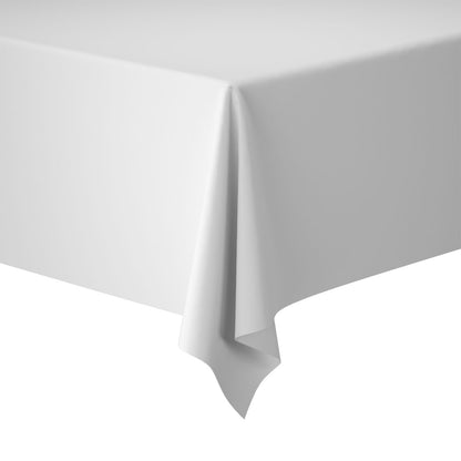 Una tovaglia Evolin della Duni GmbH nel formato 127 x 180 cm in elegante aspetto lino è drappeggiata sull'angolo di un tavolo rettangolare e si trova davanti a uno sfondo bianco.