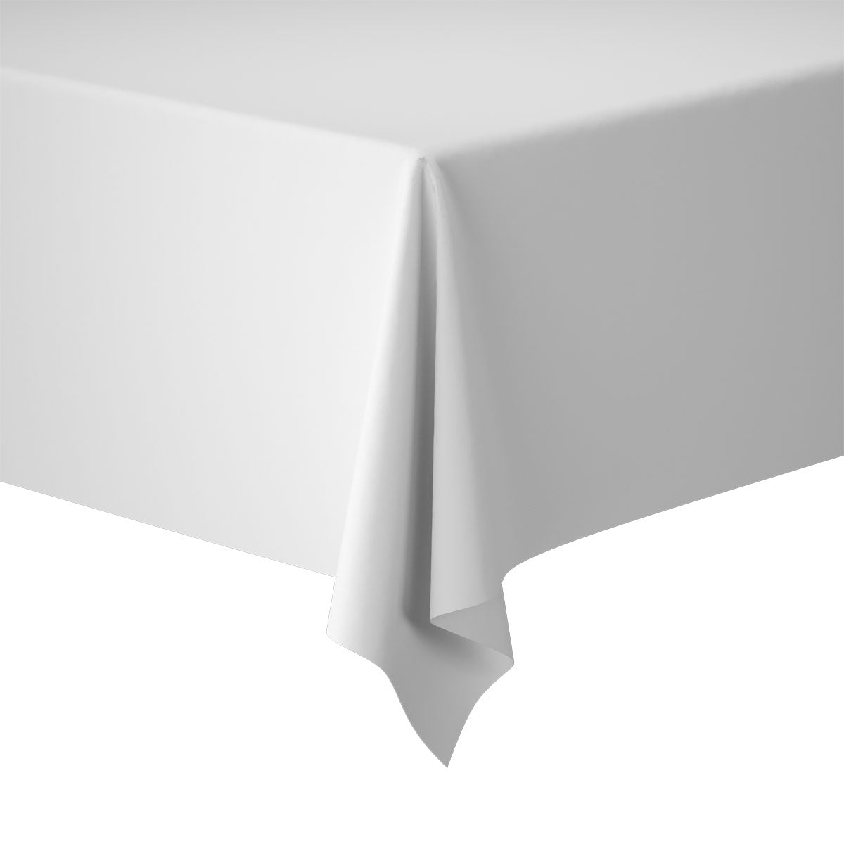 La tovaglia Evolin 127 x 220 cm di Duni GmbH è posata su un angolo del tavolo, con un bordo che forma pieghe morbide e lisce. Lo sfondo è semplicemente bianco.