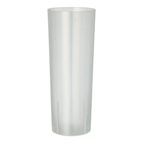Il bicchiere riutilizzabile Starpak 10 per long drink del marchio Starpak è vuoto e in posizione verticale su uno sfondo bianco semplice: questo bicchiere cilindrico in plastica, ecologico, è perfetto per i long drink.