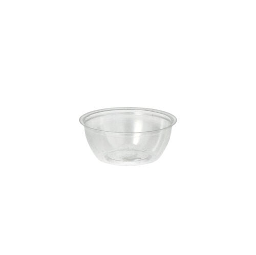 Le ciotole per condimenti Starpak 100 sono ciotole PS trasparenti e rotonde (50 ml, Ø 6,7 cm × 2,7 cm), raffigurate da un angolo leggermente elevato su sfondo bianco semplice, ideali per l'uso nella gastronomia. Confezione da 100 pezzi in pellicola.
