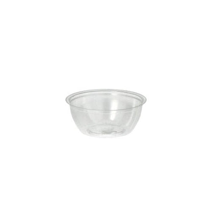 Le ciotole per condimenti Starpak 100 sono ciotole PS trasparenti e rotonde (50 ml, Ø 6,7 cm × 2,7 cm), raffigurate da un angolo leggermente elevato su sfondo bianco semplice, ideali per l'uso nella gastronomia. Confezione da 100 pezzi in pellicola.