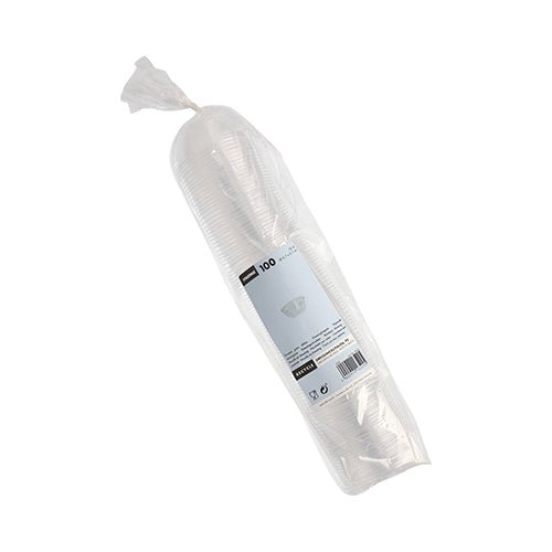 Un imballaggio di plastica sigillato con 100 ciotole per condimenti Starpak trasparenti, PS, rotonde, 50 ml (Ø 6,7 cm x 2,7 cm), impilato con un'etichetta bianco-blu - ideale per l'uso nella gastronomia o come bicchiere per condimenti.
