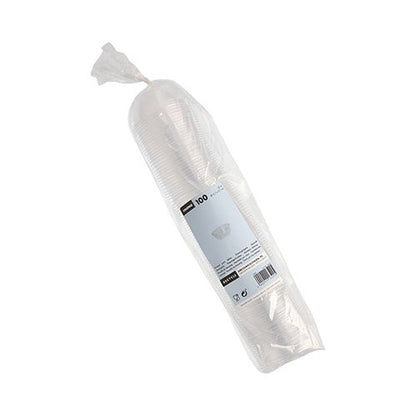 Un imballaggio di plastica sigillato con 100 ciotole per condimenti Starpak trasparenti, PS, rotonde, 50 ml (Ø 6,7 cm x 2,7 cm), impilato con un'etichetta bianco-blu - ideale per l'uso nella gastronomia o come bicchiere per condimenti.