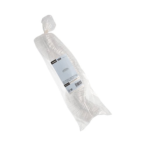Una busta di plastica trasparente con 100 coperchi rotondi Starpak PS impilati (Ø 6,7 cm, alto 1 cm), trasparenti, confezionati in pellicola con etichetta bianca e informazioni sul prodotto - ideale per l'imballaggio di alimenti.