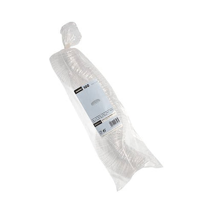 Una busta di plastica trasparente con 100 coperchi rotondi Starpak PS impilati (Ø 6,7 cm, alto 1 cm), trasparenti, confezionati in pellicola con etichetta bianca e informazioni sul prodotto - ideale per l'imballaggio di alimenti.