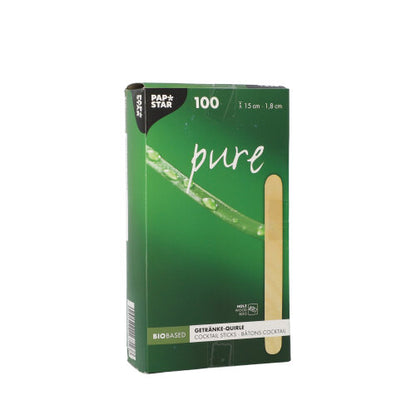 Una scatola pieghevole verde PAPSTAR con la scritta "pure" contiene 100 frullini per bevande in legno ecologici (15 cm), ideali per cocktail Caipirinha. La confezione mostra una cannuccia e gocce d'acqua su uno stelo di pianta.