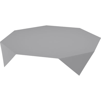 Un tavolino da caffè moderno e basso con un piano esagonale grigio e gambe angolari - ideale per una decorazione da tavola elegante o in combinazione con le tovaglie Evolin 110 x 110 cm di Duni GmbH.