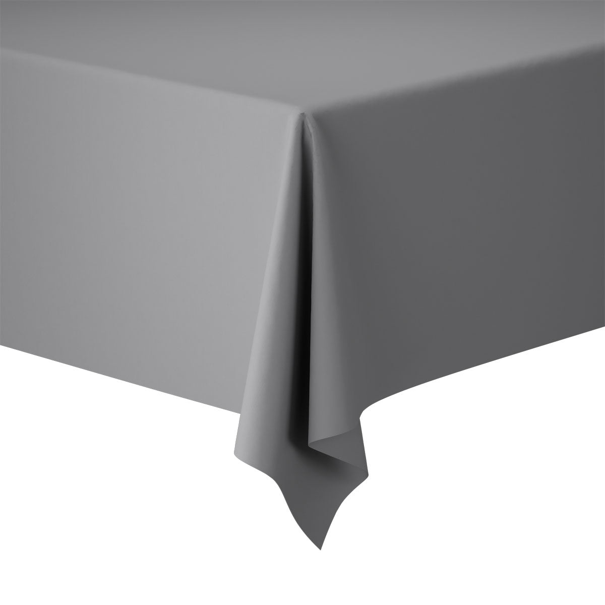 Primo piano di un angolo di tavolo rettangolare, coperto con una liscia tovaglia grigia unicolore Evolin 127 x 180 cm della Duni GmbH, davanti a uno sfondo bianco.
