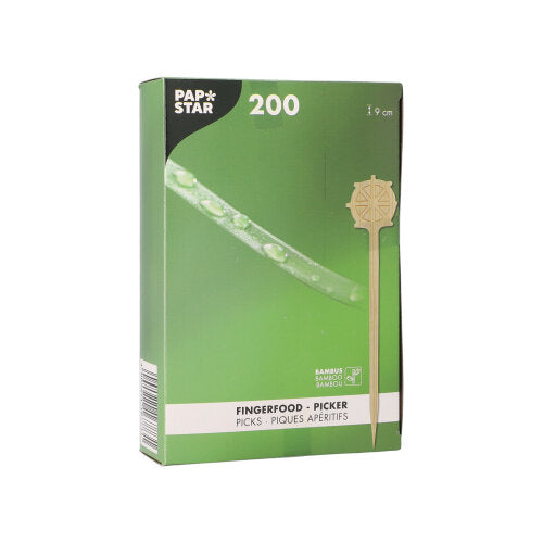 Una scatola verde dei finger food picker "Timone" 9 cm (200 pezzi) della PAPSTAR GmbH su vassoio di carta è illustrata con un picker e dettagli del prodotto sulla confezione - perfetta per le feste.