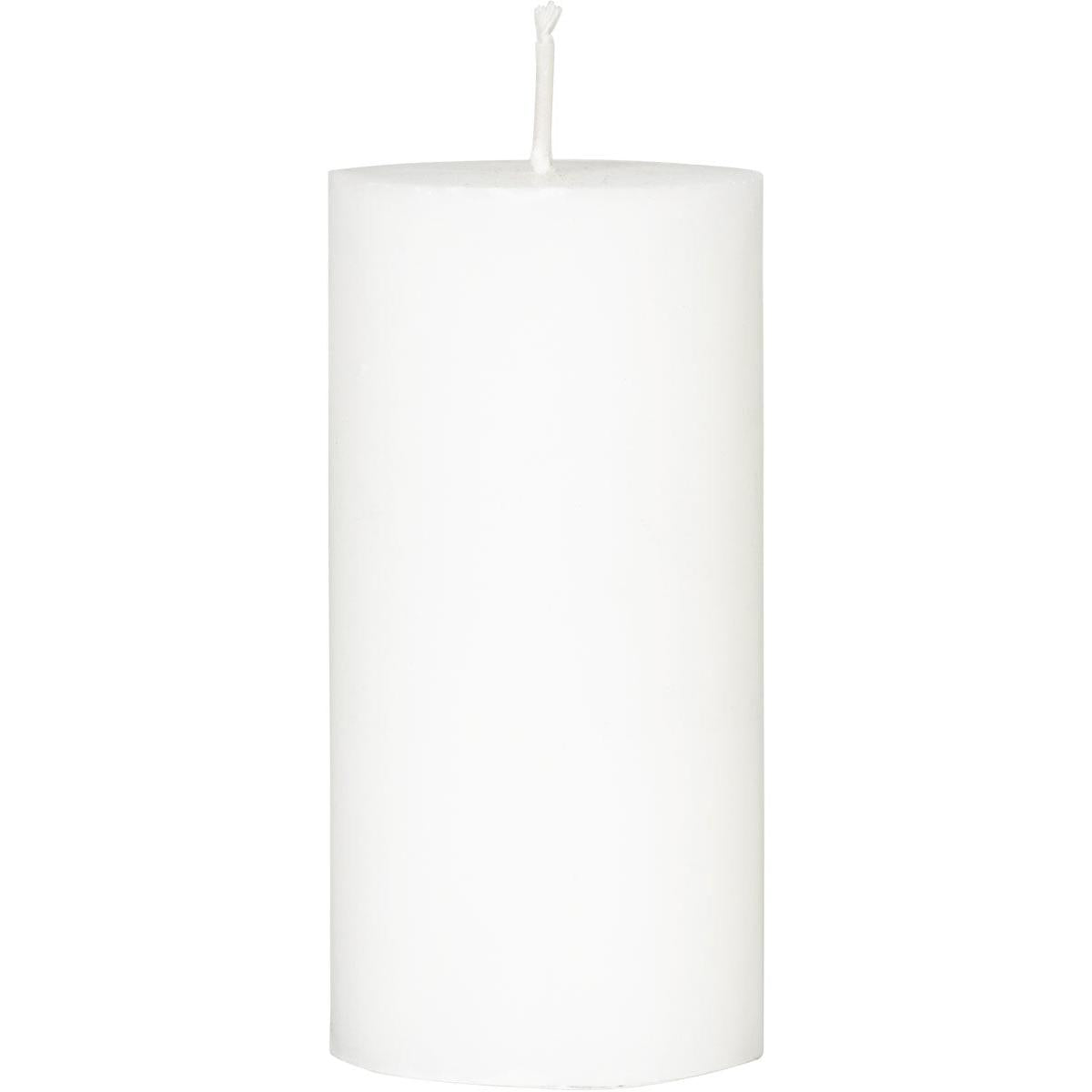 Eine Duni GmbH Stumpenkerze aus Stearin (weiß, 100x50mm) steht aufrecht vor weißem Hintergrund. Die Kerze ist geruchlos, hat einen Docht und bietet bis zu 50 Stunden Brenndauer pro Stück.