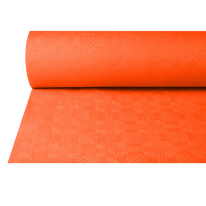 Una tovaglia di carta PAPSTAR parzialmente srotolata con goffratura damascata (50 m x 1 m) della PAPSTAR GmbH in arancione brillante con un motivo discreto di quadrati e linee, perfetta per occasioni festive. Raffigurata su uno sfondo bianco semplice.