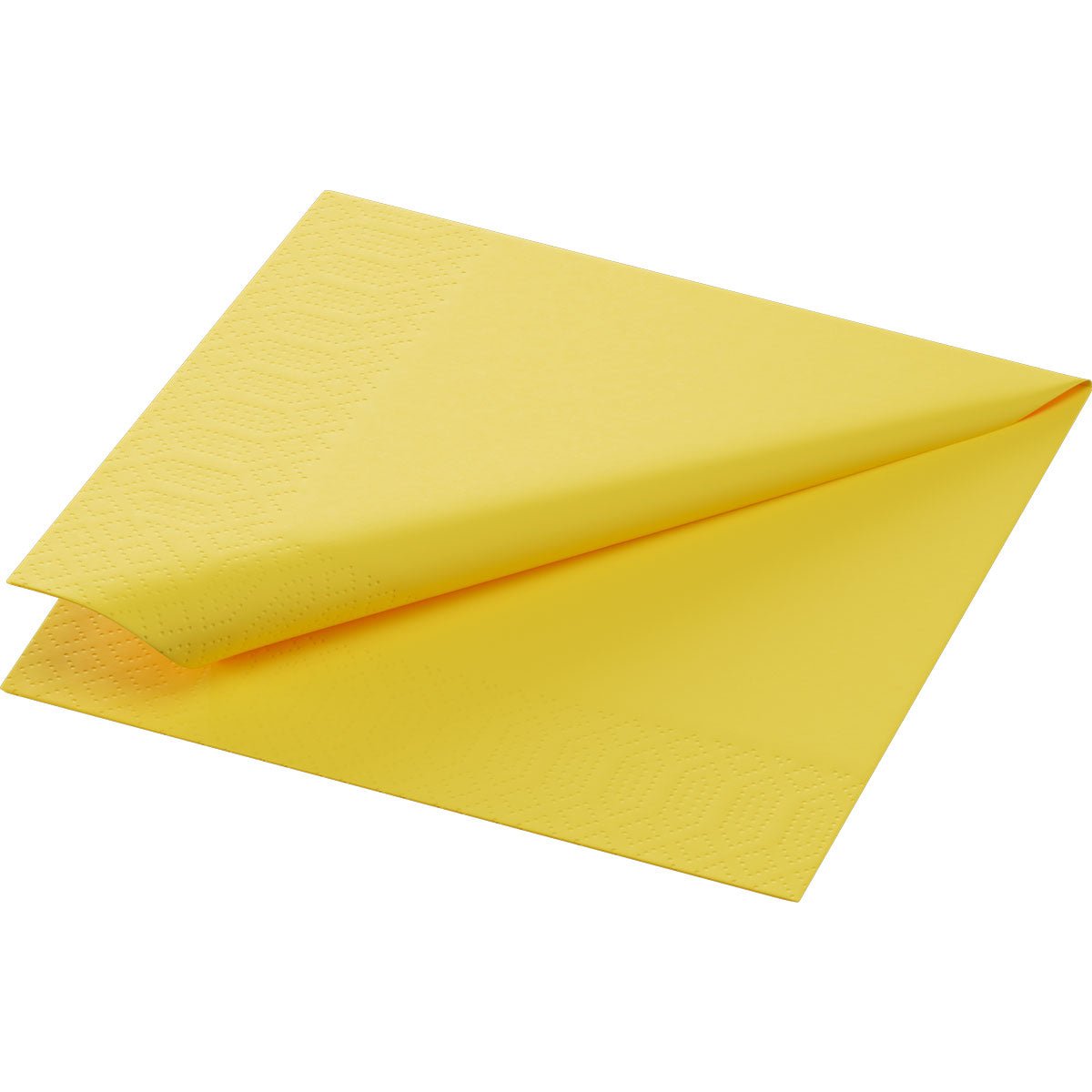 Un tovagliolo di carta giallo a 3 strati della Duni GmbH Zellt.-Servietten (24x24 cm) da una confezione da 250 pezzi è parzialmente piegato e mostra un motivo a rilievo su uno sfondo bianco a tinta unita.