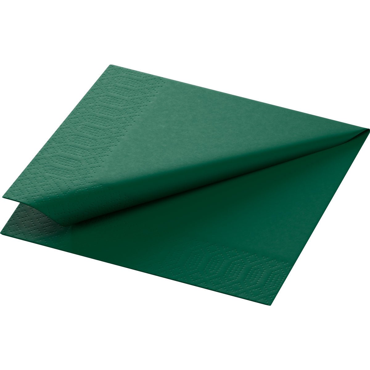 Un tovagliolo di carta piegato Duni GmbH 24x24 cm, 3 strati, colore verde cacciatore, con bordi in rilievo, rappresentato su uno sfondo bianco. Ogni confezione contiene 250 tovaglioli.