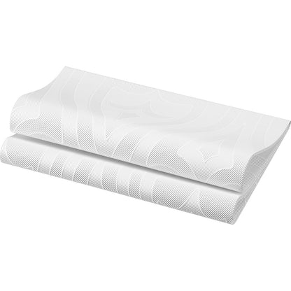 Tovaglioli Elegance bianchi piegati 48 x 48 cm 1/4 piega Lily di Duni GmbH, con un sottile motivo geometrico di linee sottili e in rilievo che formano forme astratte sulla superficie e ricordano il design Lily.