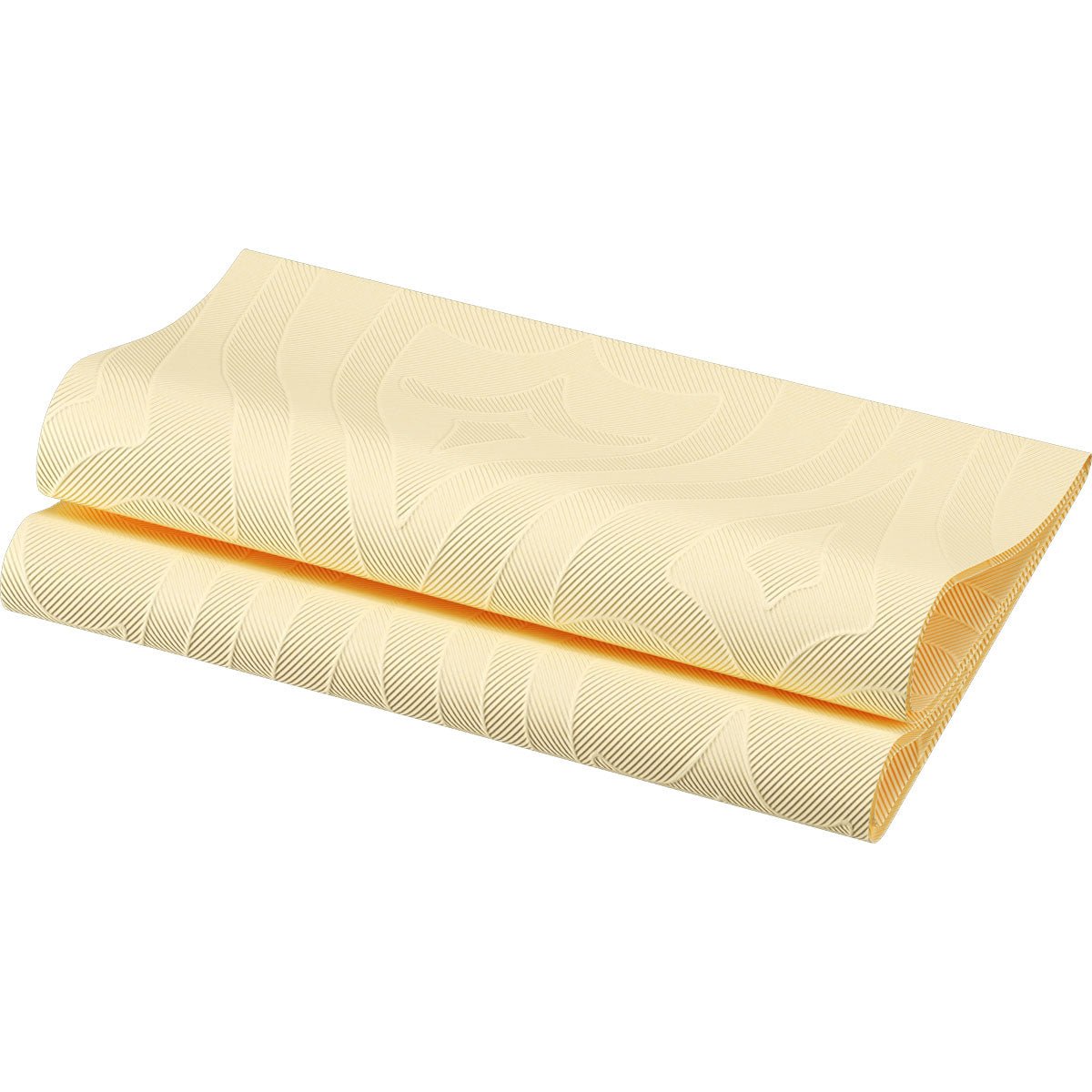 Un tovagliolo Elegance giallo chiaro piegato 48 x 48 cm 1/4 piega Lily di Duni GmbH con un sottile motivo geometrico ondulato e una texture liscia è mostrato su uno sfondo bianco.