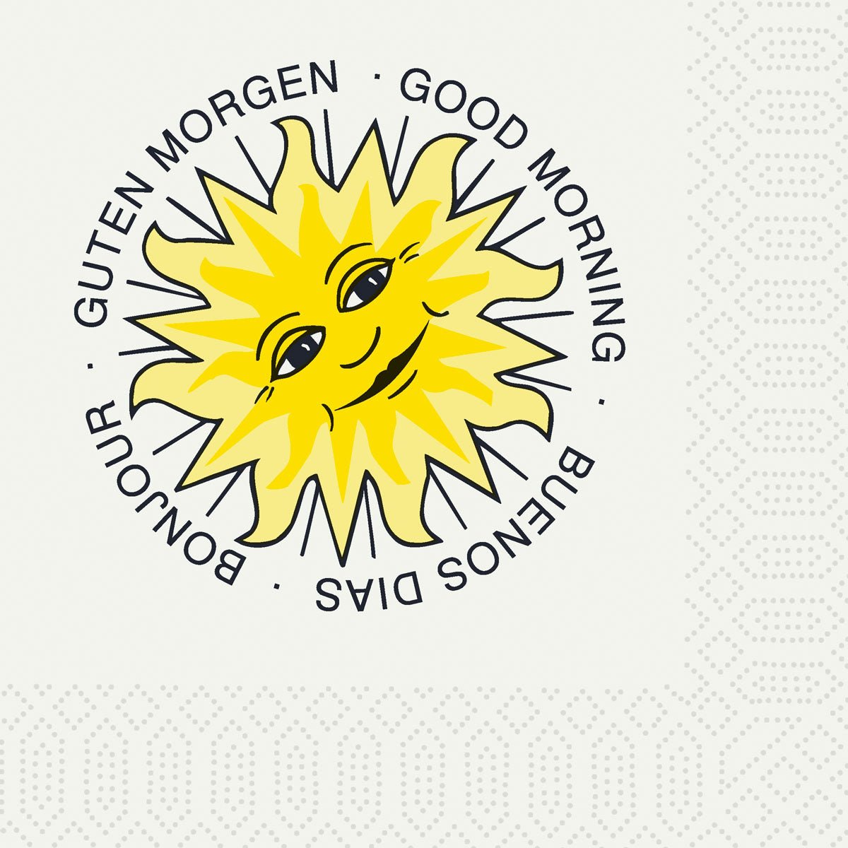 Un sole giallo sorridente è al centro dei tovaglioli di carta a 3 strati, 24 x 24 cm della Duni GmbH. "GOOD MORNING", "BUENOS DIAS", "BONJOUR" e "GUTEN MORGEN" formano un allegro cerchio intorno. Confezione: 250 pezzi.