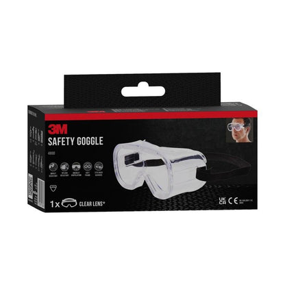 Gli occhiali protettivi 3M™ Classic 4800 di 3M Deutschland GmbH con ventilazione indiretta e lente trasparente sono raffigurati in una confezione nero-rossa con un'immagine degli occhiali in uso; è incluso un paio.