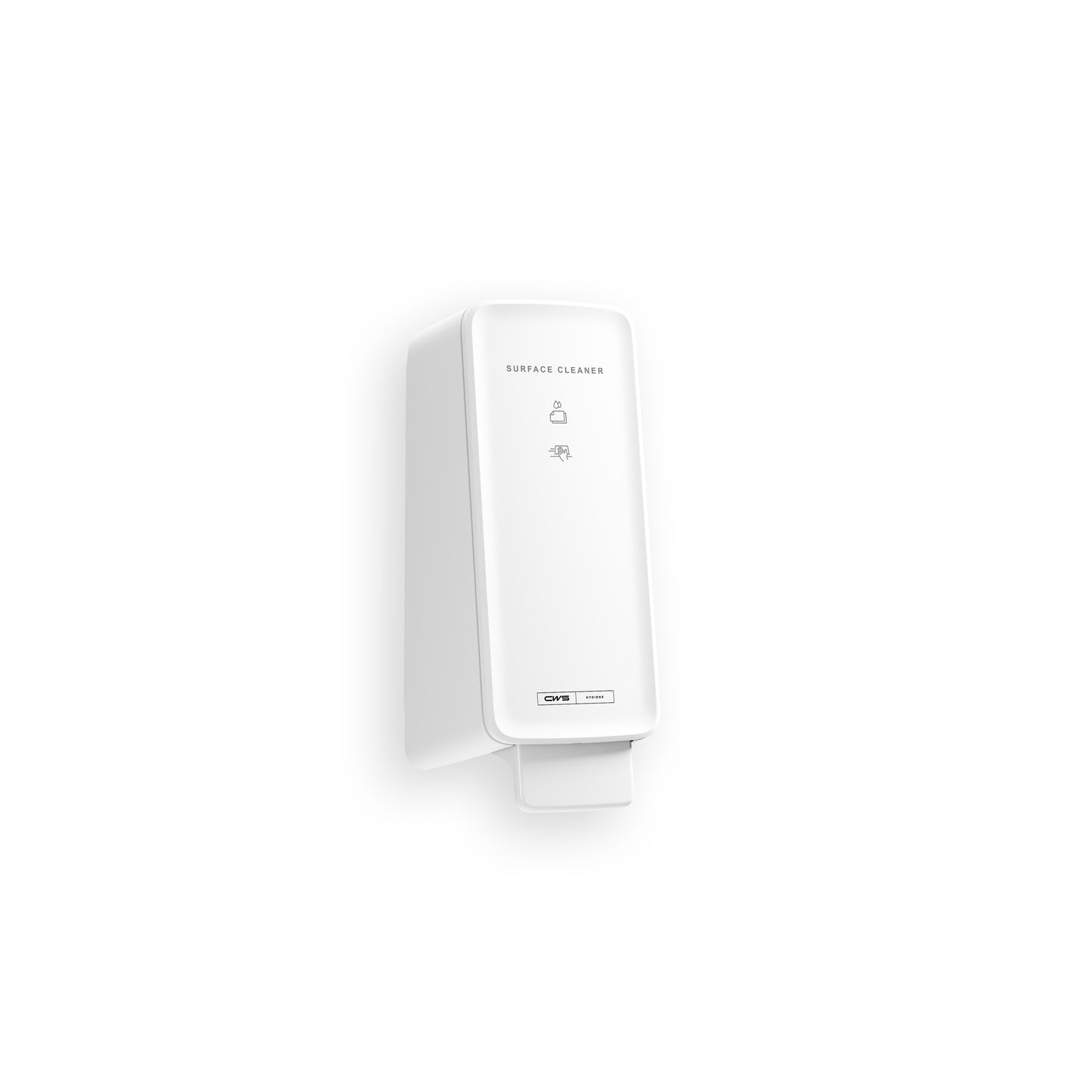Un CWS PureLine Surface Cleaner bianco, rettangolare, montato a parete | Confezione (1 pezzo) Distributore di CWS con leva a pressione e semplice etichettatura frontale offre superfici igieniche su uno sfondo bianco semplice.