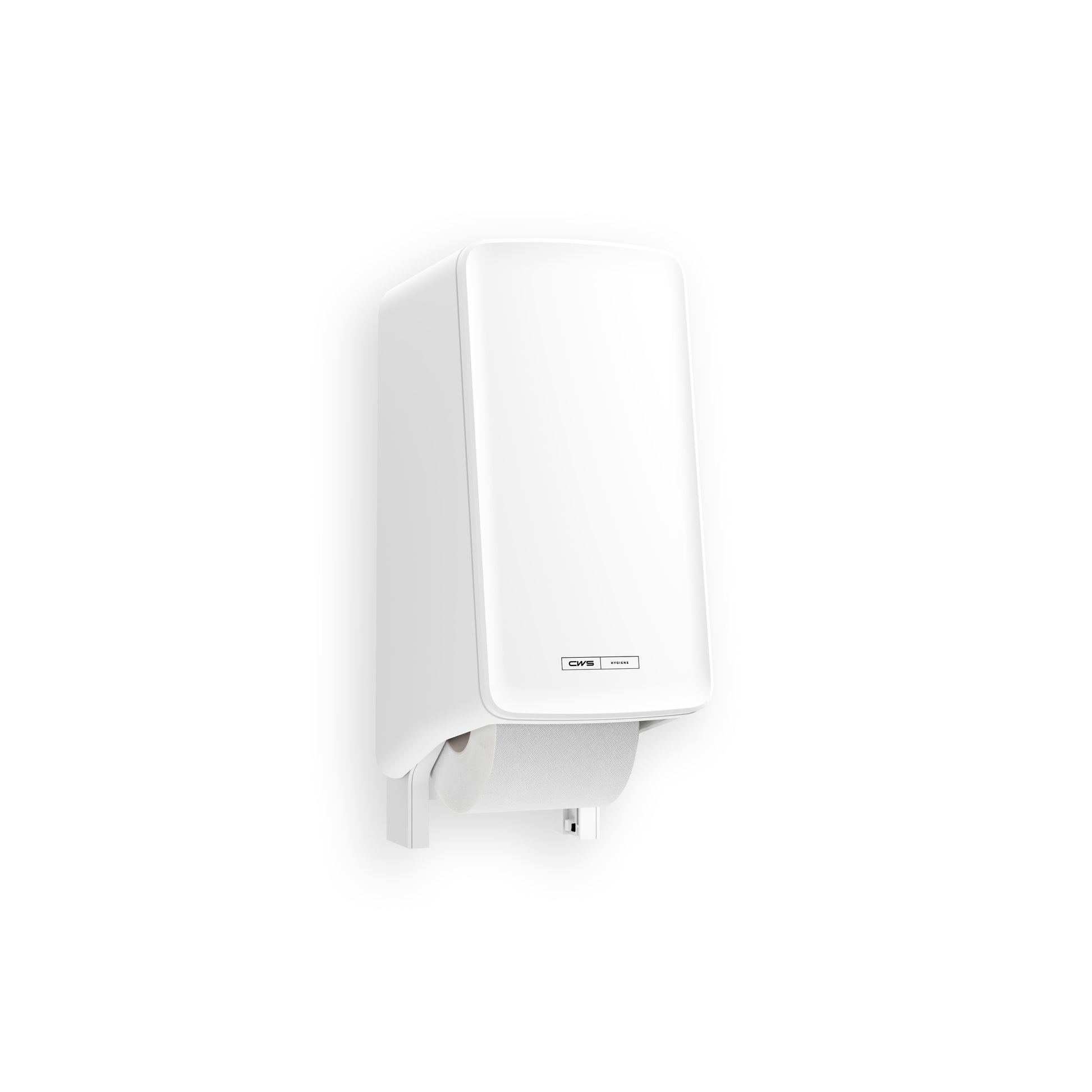Der CWS PureLine Toilettenpapierspender (1 Stück) von CWS wird an der Wand montiert, ist aus umweltfreundlichem Zellstoff gefertigt und verfügt über eine sichtbare Rolle im unteren Bereich vor einem schlichten weißen Hintergrund.