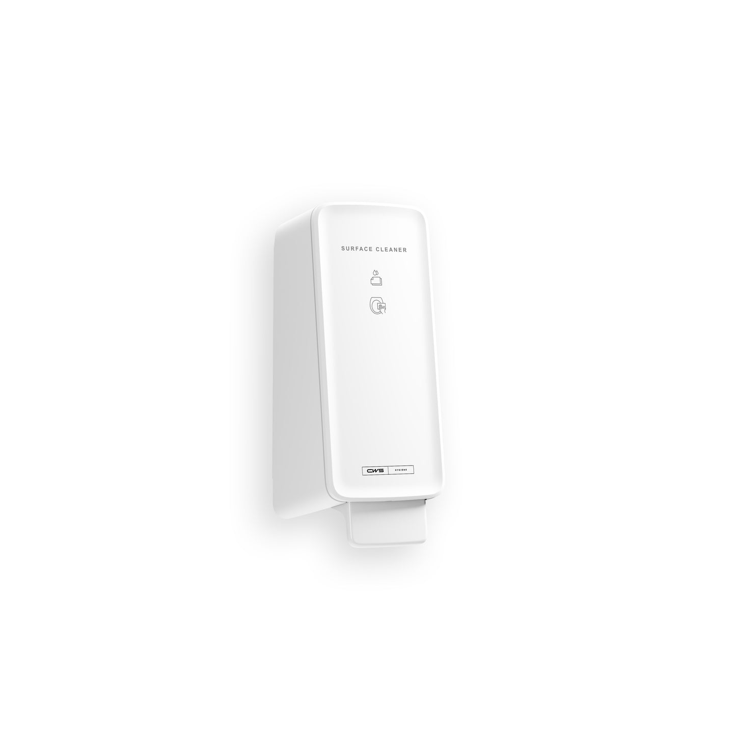 Un dispenser da parete bianco CWS PureLine Surface Cleaner Toilet con design rettangolare e minimalista mostra "Surface Cleaner", simboli semplici e sottolinea la pulizia igienica di CWS per una rimozione efficace dei batteri in ogni stanza.