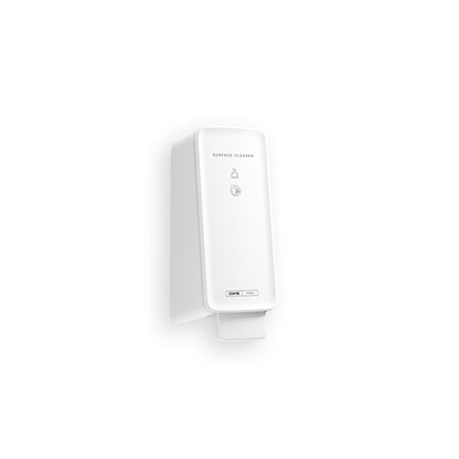 Un dispenser da parete bianco CWS PureLine Surface Cleaner Toilet con design rettangolare e minimalista mostra "Surface Cleaner", simboli semplici e sottolinea la pulizia igienica di CWS per una rimozione efficace dei batteri in ogni stanza.