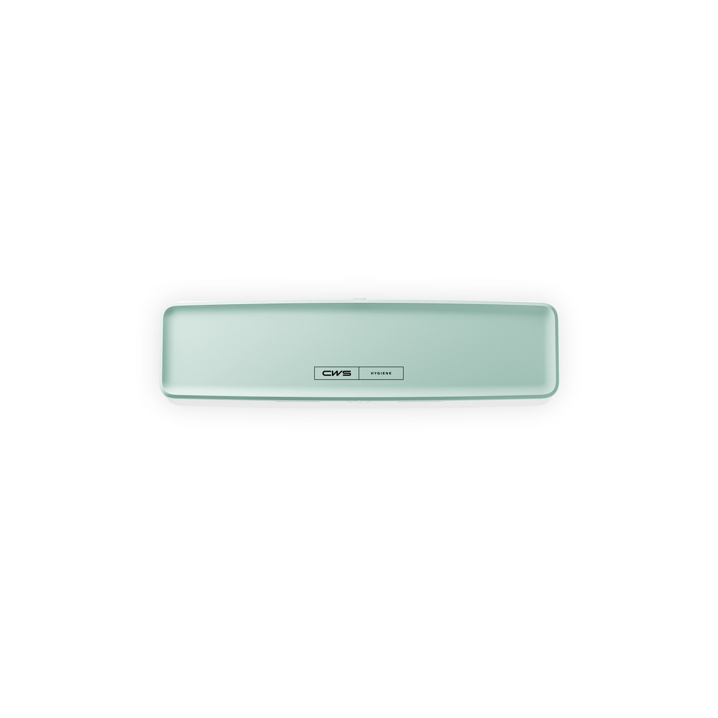 Un dispositivo rettangolare di colore verde chiaro con angoli arrotondati e un'etichetta centrale con la scritta "CWS PureLine Frontpanel per PureLine Air Bar" è mostrato su uno sfondo bianco.