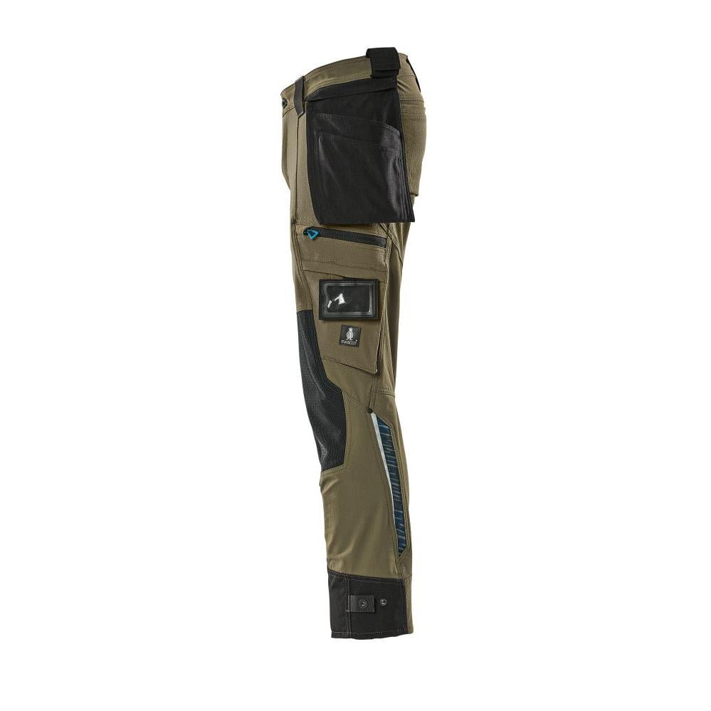Pantaloni con tasche appese, pantaloni stretch, verde muschio
