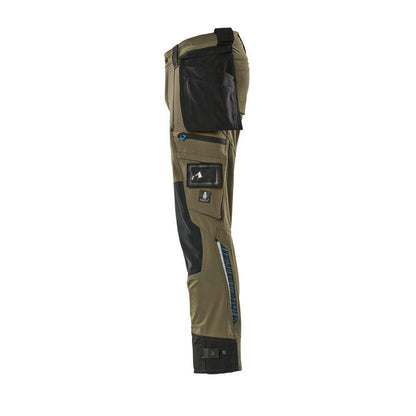 Pantaloni con tasche appese, pantaloni stretch, verde muschio