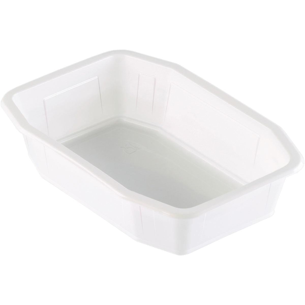 Die PP-Schale HMR Weiß PP 215x148 der Duni GmbH ist ein weißer, rechteckiger Behälter mit leicht abgeschrägten Seiten und einem flachen Boden. Auf dem Foto erscheint er leer vor einem weißen Hintergrund.