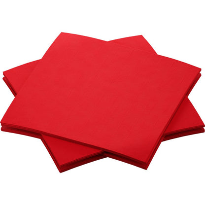 Tre pile di tovaglioli Dunisoft rosso brillante da 20 x 20 cm della Duni GmbH si sovrappongono su uno sfondo bianco e mostrano il loro design quadrato ed elegante.