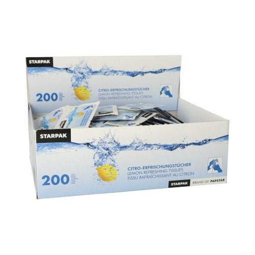 Una scatola espositiva rettangolare con la scritta "Starpak" contiene 200 salviette rinfrescanti confezionate singolarmente "Citro" (14x14 cm). La confezione mostra un limone che schizza nell'acqua ed è decorata con il marchio Starpak.