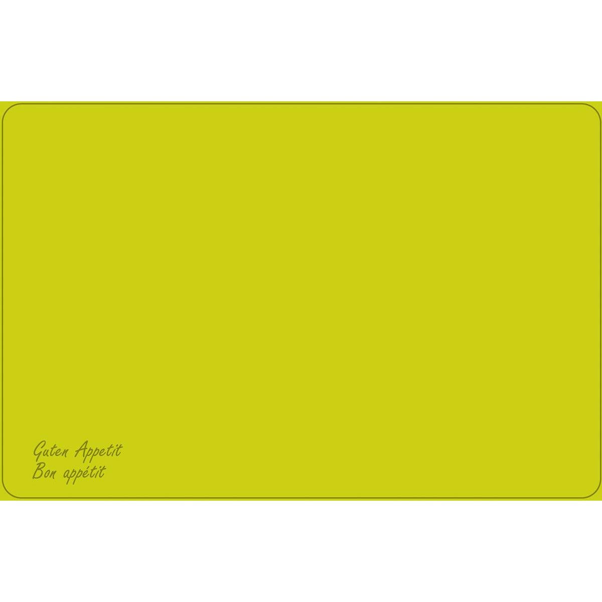 La tovaglietta Dunicel della Duni GmbH (Vesca Norm) 33 x 48 cm presenta un semplice rettangolo giallo con un sottile bordo nero, angoli arrotondati e "Guten Appetit" e "Bon appétit" in corsivo in basso a sinistra; il resto è vuoto.