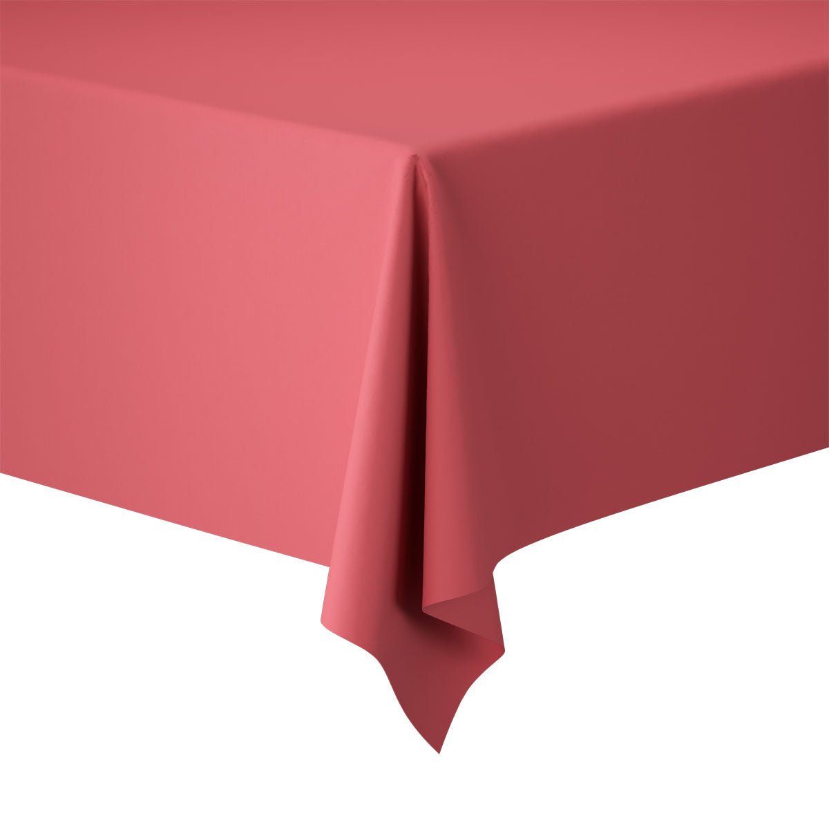 Primo piano di un tavolo rettangolare, drappeggiato con una tovaglia Evolin rosa 127 x 220 cm di Duni GmbH. Il tessuto elegante cade sui bordi su uno sfondo bianco.