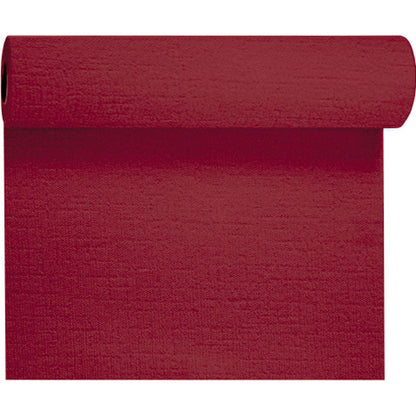Un rotolo di carta da parati strutturata rossa ricorda il lusso del runner da tavola Evolin Tête-à-Tête 24 m x 0,41 m (20 sezioni) della Duni GmbH - ideale per ispirare idee creative di decorazione da tavola.