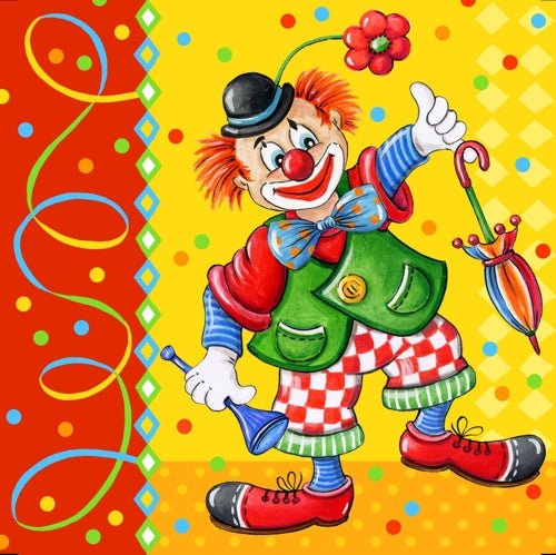 Un clown da cartone animato con capelli arancioni, naso rosso e abiti colorati tiene un ombrello e un corno davanti a uno sfondo colorato - ideale per PAPSTAR 20 tovaglioli, 33 cm x 33 cm, 3-strati, design set 5 di PAPSTAR GmbH.