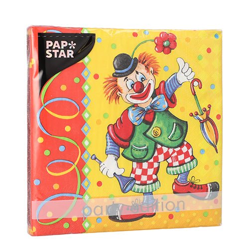 Un tovagliolo colorato a 3 strati della PAPSTAR GmbH 20 tovaglioli, 33x33 cm set 5, con un clown da cartone animato su sfondo a pois gialli.
