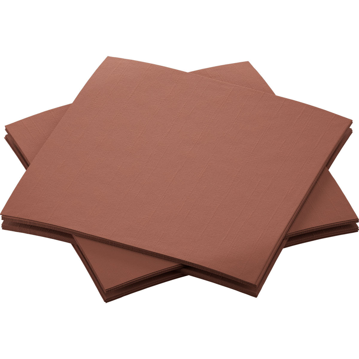 Quattro tovaglioli Dunisoft da 20 x 20 cm della Duni GmbH in marrone sono disposti in uno schema leggermente sovrapposto su uno sfondo bianco.