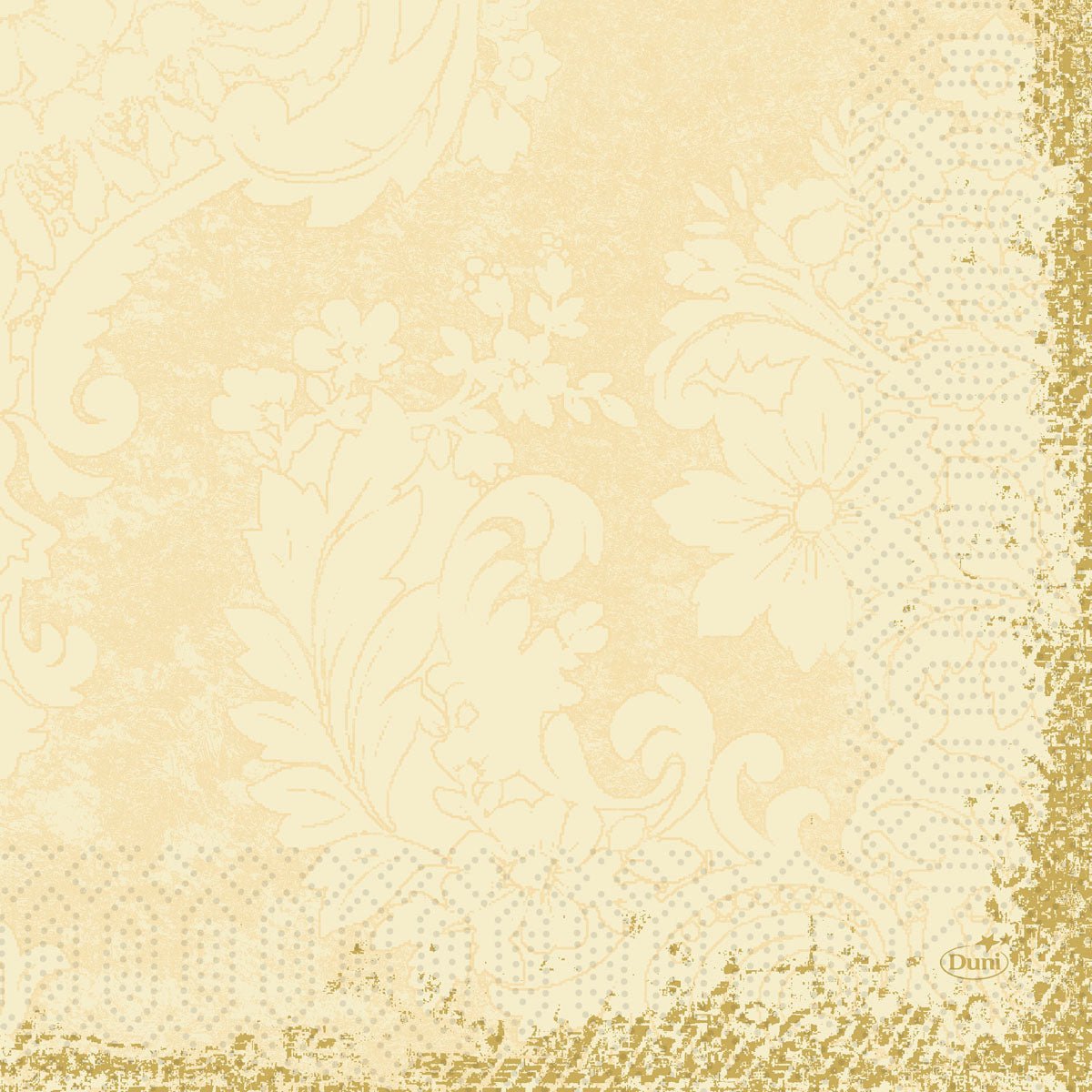 Le tovaglioli di cellulosa Duni GmbH 33x33 cm, a 3 strati in Royal Cream si distinguono per un affascinante design vintage con motivi floreali e ornamentali, bordi a pois e accenti dorati. La confezione contiene 250 tovaglioli.