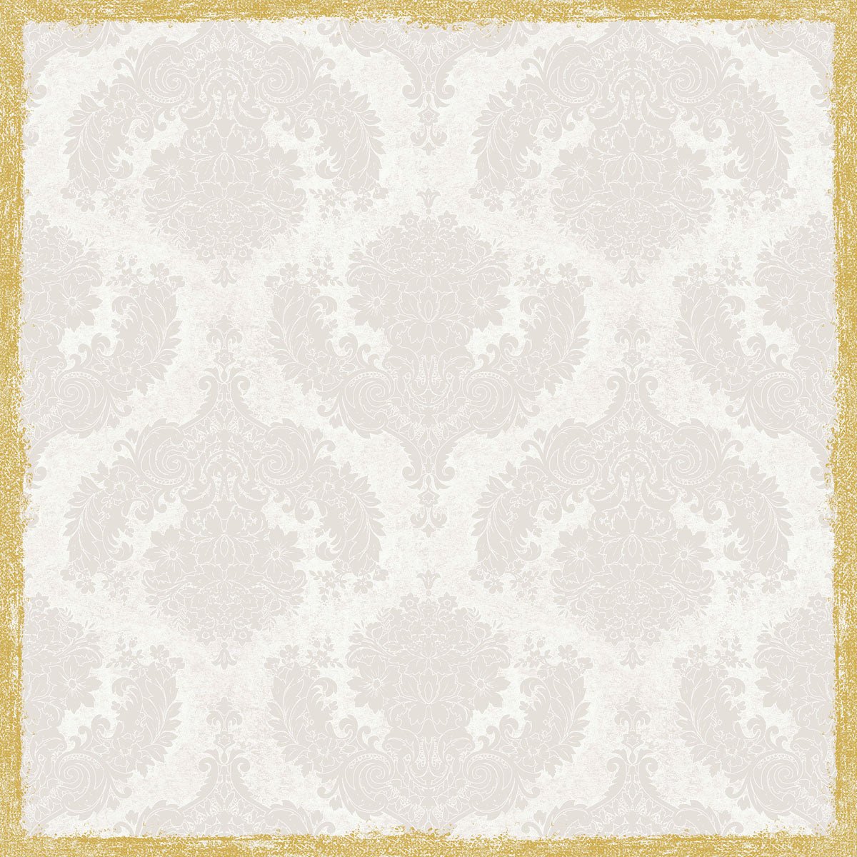 Uno sfondo damascato grigio chiaro con motivi floreali simmetrici e ricci è perfetto per la decorazione della tavola con la tovaglia Dunisilk+ 84x84 cm in Royal White (confezione da 20 pezzi) di Duni GmbH. L'immagine è dotata di una bordatura dorata strutturata e irregolare.