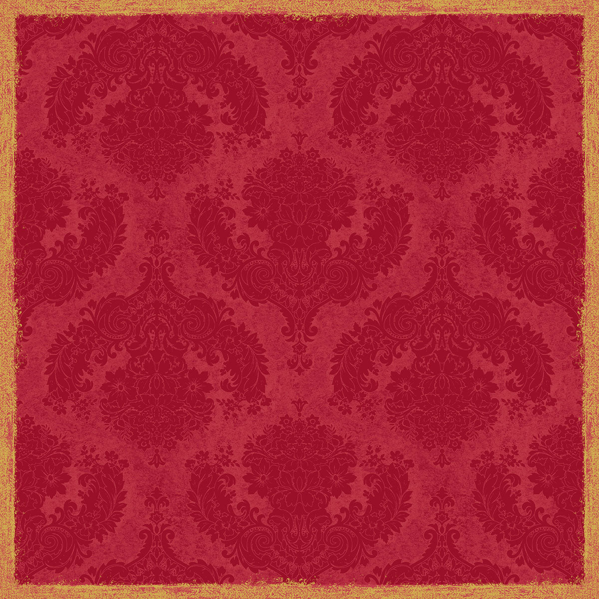 Die Dunisilk+ Tischdecke 84x84 cm in Royal Bordeaux von Duni GmbH zeigt ein rotes Vintage-Damast-Design mit strukturiertem Goldrand und verschnörkelten Blumenmotiven. Sie wird in Packungen mit 20 Stück geliefert und eignet sich perfekt für elegante Tischdekorationen.