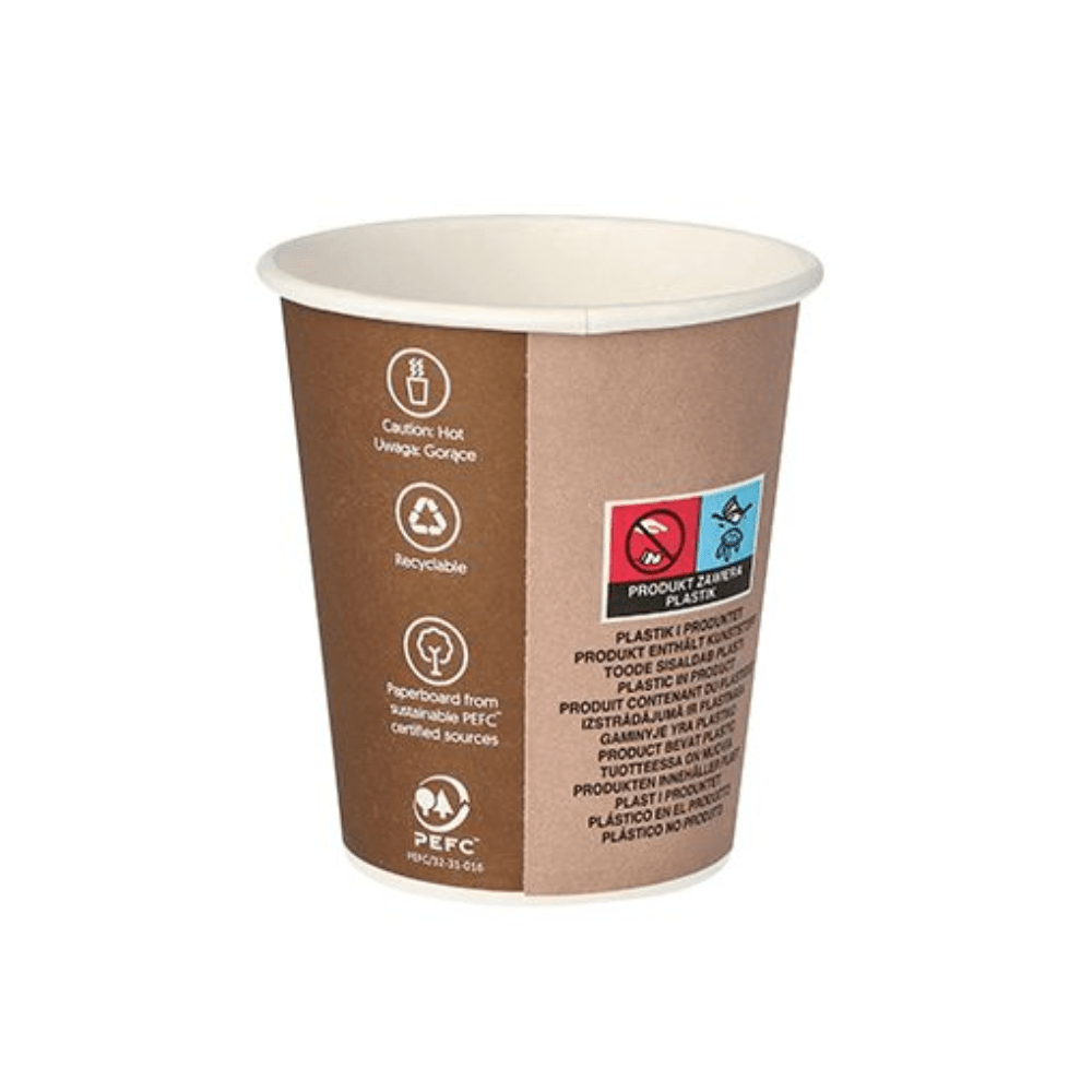 Il bicchiere di carta Starpak per bevande calde da 0,2 l con motivo "To Go" è un bicchiere di carta monouso marrone con simboli di avvertimento e testo che indica che il contenuto può essere caldo. Ideale per portare con sé bevande calde in movimento. È contrassegnato come riciclabile, realizzato con materiali sostenibili, porta il certificato PEFC e assomiglia molto al design di un bicchiere di carta.