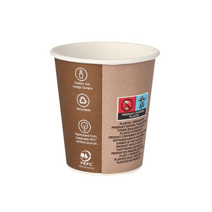 Il bicchiere di carta Starpak per bevande calde da 0,2 l con motivo "To Go" è un bicchiere di carta monouso marrone con simboli di avvertimento e testo che indica che il contenuto può essere caldo. Ideale per portare con sé bevande calde in movimento. È contrassegnato come riciclabile, realizzato con materiali sostenibili, porta il certificato PEFC e assomiglia molto al design di un bicchiere di carta.
