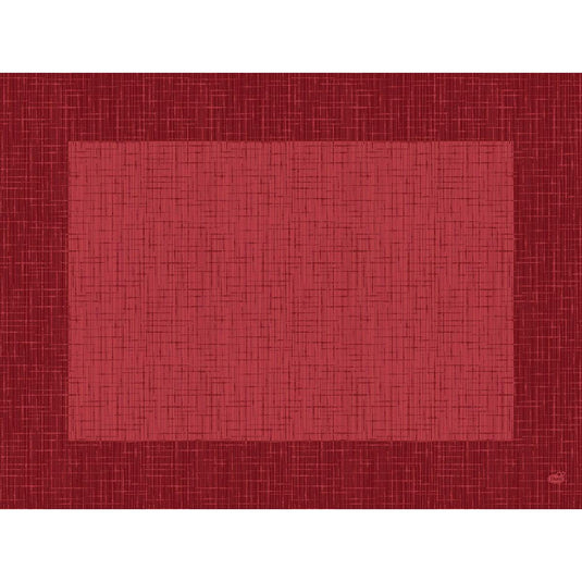 Un quadrato rosso con un motivo strutturato simile a una griglia è centrato su uno sfondo rosso scuro. Entrambi ricordano l'aspetto tessuto delle tovagliette Dunicel 30 x 40 cm Linnea bordeaux della Duni GmbH (confezione da 500 pezzi).