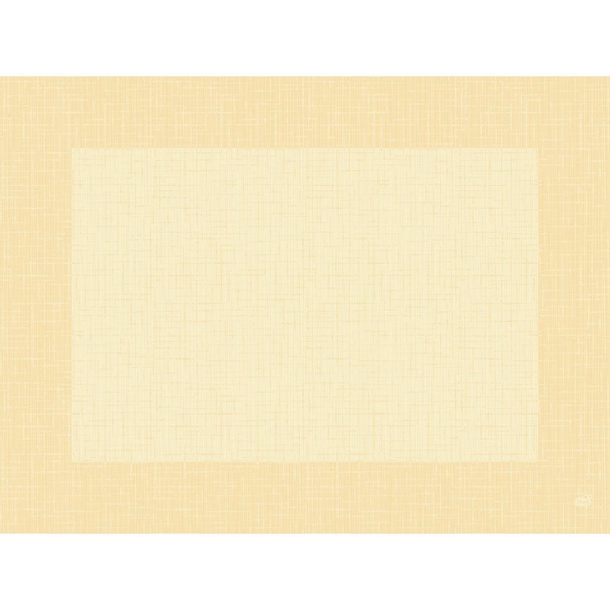 Un'immagine digitale con un grande quadrato color crema su uno sfondo beige chiaro tratteggiato, che riflette lo stile raffinato delle tovagliette Dunicel 30 x 40 cm Linnea crema di Duni GmbH. Nell'angolo in basso a destra appare un discreto logo rotondo.