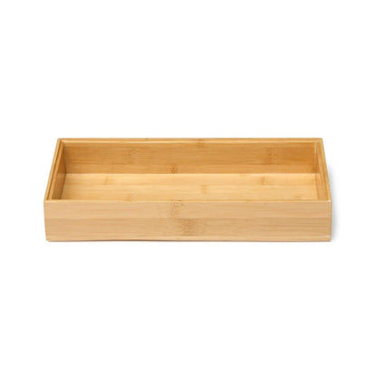 Il portaposate in bambù Duni GmbH è un vassoio rettangolare e piatto in legno con una superficie di legno chiaro naturale, perfetto come portaposate sostenibile per una cucina ecologica, raffigurato su uno sfondo bianco.