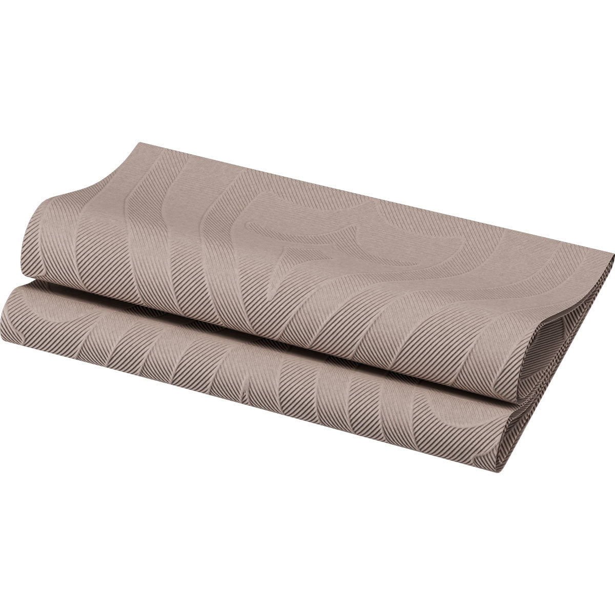 Un tovagliolo Elegance piegato 40x40 cm in Lily Greige di Duni GmbH con struttura marrone e un motivo lineare leggermente ondulato viene presentato come decorazione da tavola di alta qualità (confezione da 40 tovaglioli) su Bianco-Ideal.
