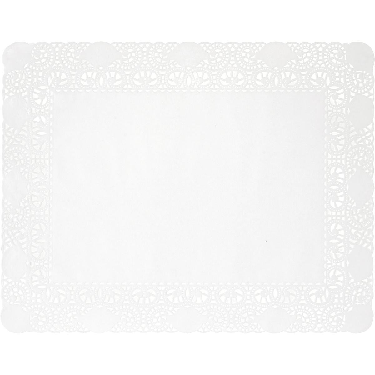Un Duni GmbH carta decorativa a pizzo 20x30 cm in bianco, realizzata in carta artigianale di alta qualità, confezione da 250 pezzi, è rettangolare con parte centrale rigida e bordo a pizzo filigranato e raffigurata dall'alto su uno sfondo semplice.
