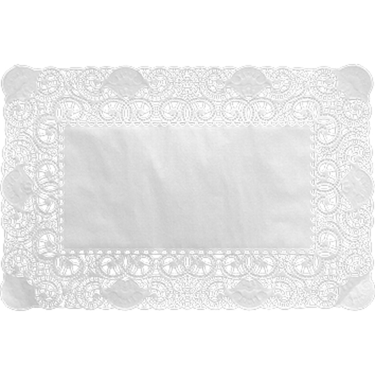 Un pizzo decorativo bianco 30x40 cm di Duni GmbH con bordo filigranato e centro liscio in carta artigianale di alta qualità, confezione da 250 pezzi, presentato su sfondo neutro.